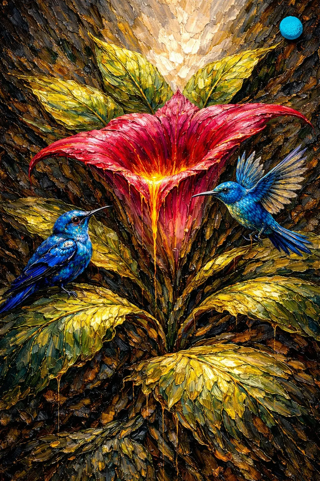 Obraz impasto z czerwonym kwiatem, zielonymi liśćmi i dwoma niebieskimi kolibrami