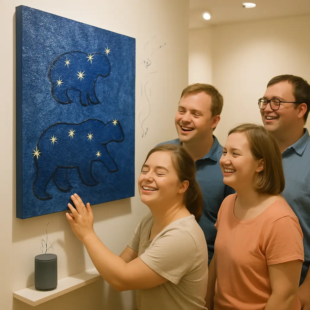 Osoby neuroatypowe angażujące się w multisensoryczne dzieło sztuki w spokojnym, inkluzywnym środowisku warsztatowym.